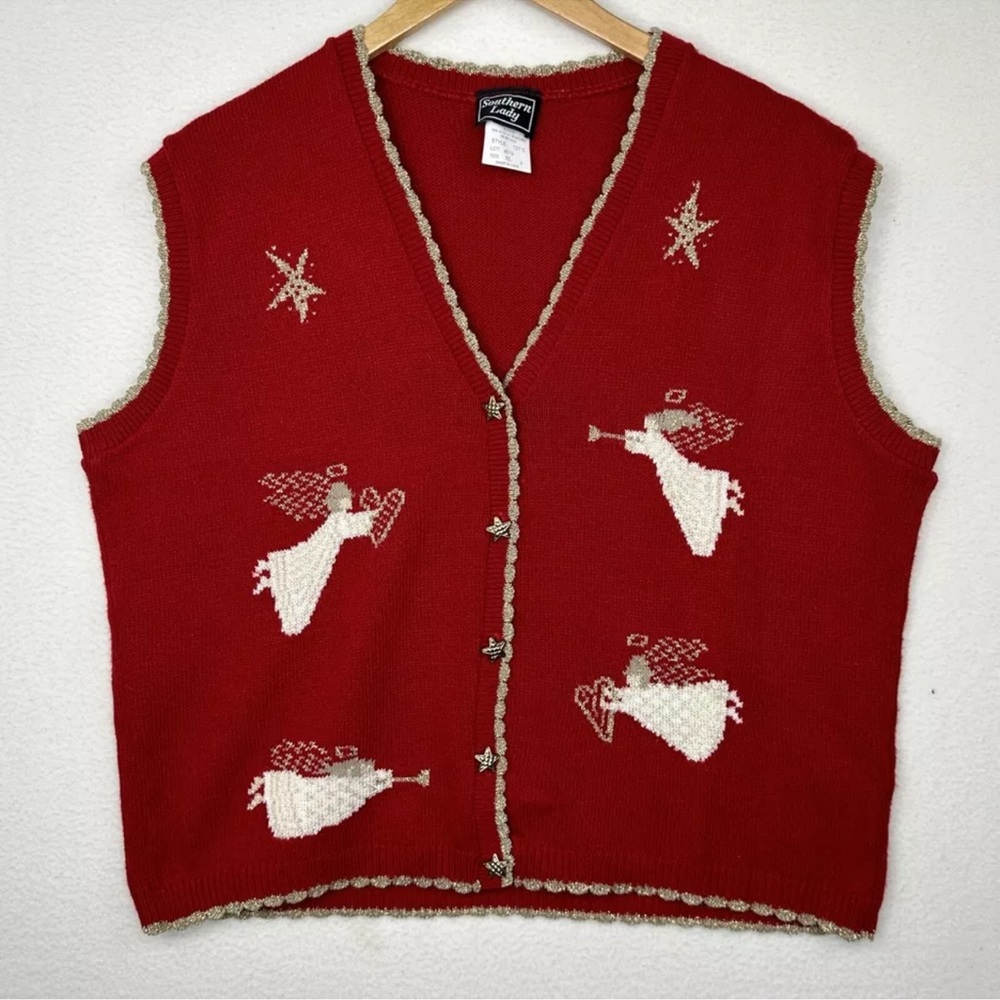 Southern Lady Red Gold Trim Star Button Angels Ugly Christmas Sweater Vest XL US